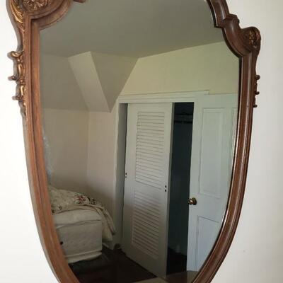 Antique shield-shaped mirror, wood frame