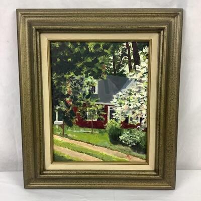 808 Original Oil on Canvas of Red House in Trees by M H D.