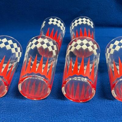 Set of 6 Vintage Retro MCM Midcentury Mod Red and White Geometric Print