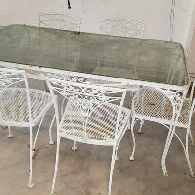 Vintage 1950's Woodard Acron Wrought iron  and glass table, 6 chairs