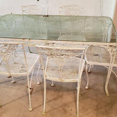 Vintage 1950's Woodard Acron Wrought iron  and glass table, 6 chairs