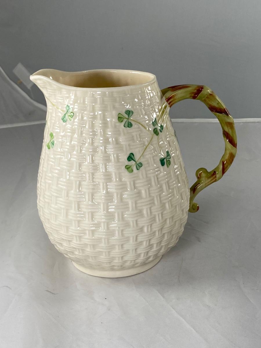 Small Belleek Basketweave and Clovers Water Pitcher