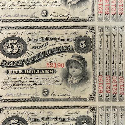 579  Antique 1800's $5 3 Uncut Sheet State of Louisiana Baby Bonds