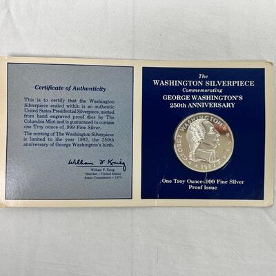 583  Medal George Washington 250th Anniversary Silver 1 Troy Oz .999 w/ Stamp