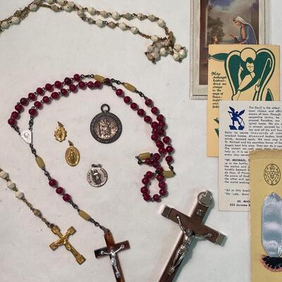 Religious Lot: Antique Rosary Saints Medallion Medal Prayer Cards Relic