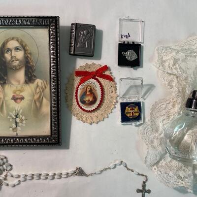 Religious Lot: Antique Rosary Saints Medallion Medal Prayer Cards Relic