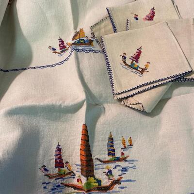 Needlepoint Chinese Boats Small Tablecloth and Linen Napkins