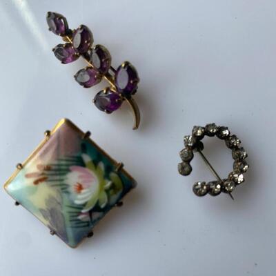 Victorian Handpainted Pin Leaf and Horseshoe Pin