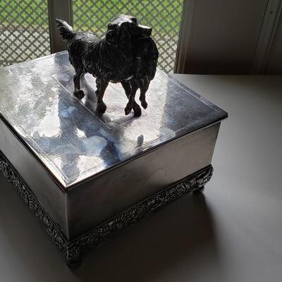 Silver plate box with hunting dog carrying a rabbit Cigar Humidor