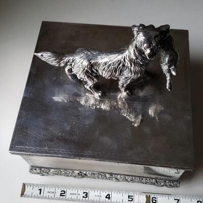 Silver plate box with hunting dog carrying a rabbit Cigar Humidor