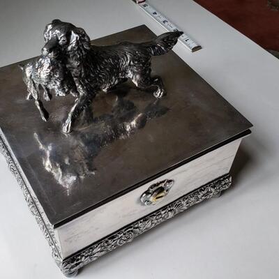 Silver plate box with hunting dog carrying a rabbit Cigar Humidor