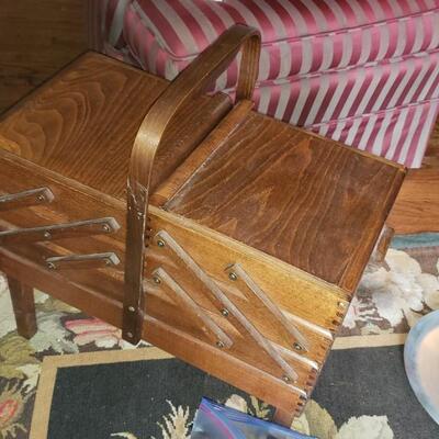 Cantilever Sewing box with three levels and with thread and buttons