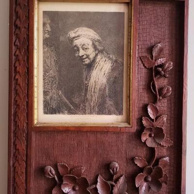 Leopold Flameng in manner of Rembrandt Antique print in carved wood frame