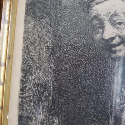 Leopold Flameng in manner of Rembrandt Antique print in carved wood frame