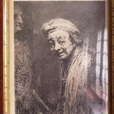 Leopold Flameng in manner of Rembrandt Antique print in carved wood frame