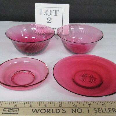 Lot of Cranberry Glass, 2 Swirl Bowls, Plate and Small Bowl