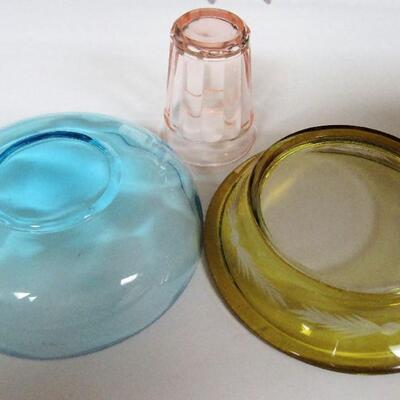 Vintage Glassware Lot, Cut to Clear Small Dish, Depression Glass Shot Glass, Small Blue Bowl