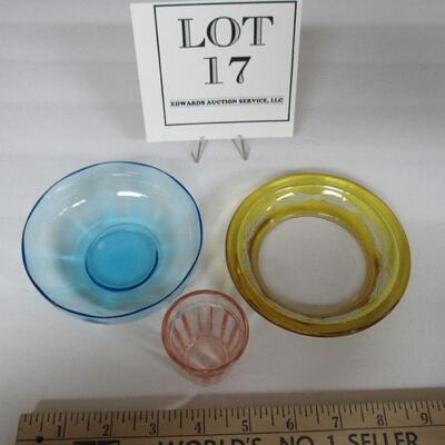 Vintage Glassware Lot, Cut to Clear Small Dish, Depression Glass Shot Glass, Small Blue Bowl