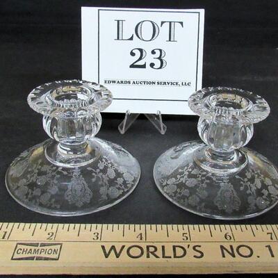 Vintage Cambridge Glass Candleholders, Rose Point Pattern