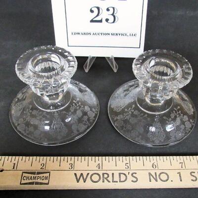 Vintage Cambridge Glass Candleholders, Rose Point Pattern