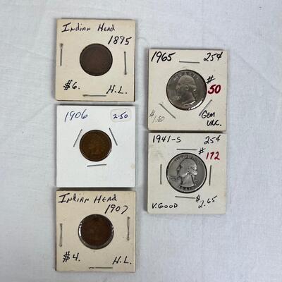 595  Circulated 1895, 1906, 1907 Indian Head Pennies/ Circulated 1941-S Quarter VG Condition/ Uncirculated 1965 Quarter