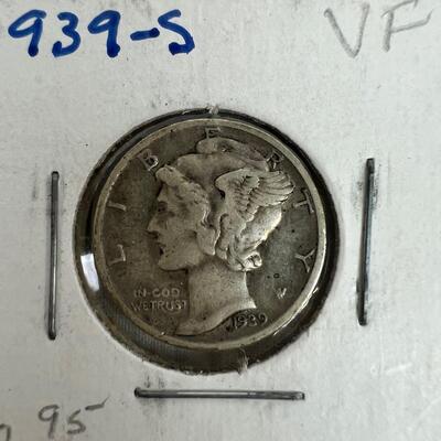 598  1943-S Jefferson Wartime Nickel/ 1939-S Mercury Dime Grade-VF/ 1963 Franklin Liberty Bell Half Dollar