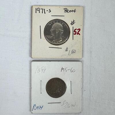 599  Grade MS-60 1899 Indian Head Penny/ 1971-S Proof Quarter