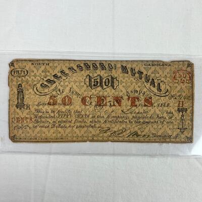 602  Civil War Era 1862 50 Cents - Greensboro Mutual North Carolina Banknote