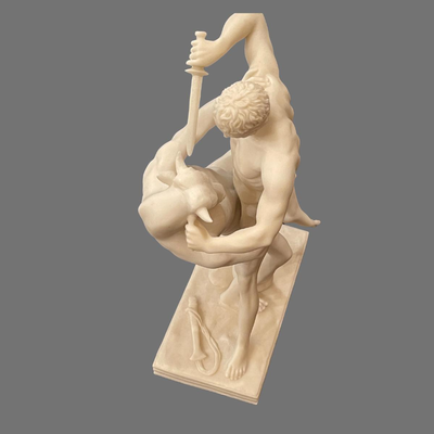 Thyseas Battling Minotaur Alabaster Statue - 12"