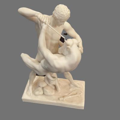Thyseas Battling Minotaur Alabaster Statue - 12"