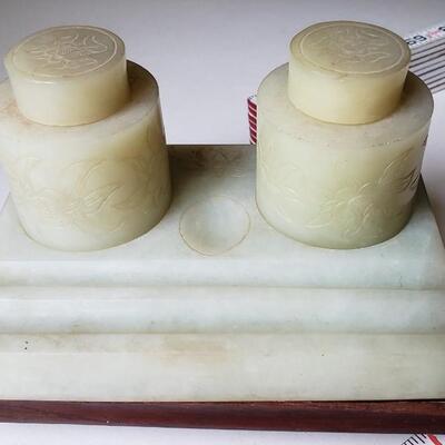 Jade ink wells on wood stand 6"