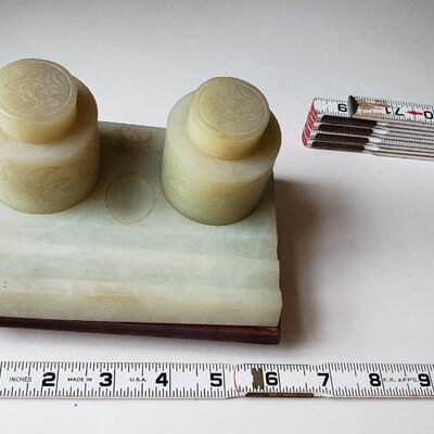 Jade ink wells on wood stand 6"