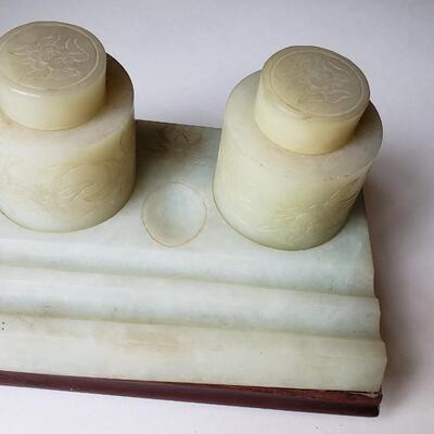 Jade ink wells on wood stand 6"