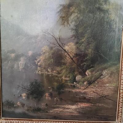 Moody water and trees oil painting on board, dated 1892 John R. Johnston