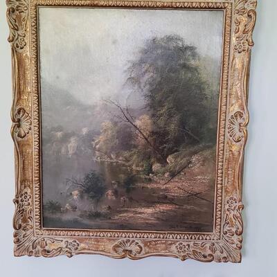 Moody water and trees oil painting on board, dated 1892 John R. Johnston