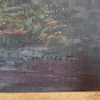 Painting, ornate frame with attached light