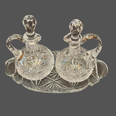 Vintage Lead Crystal Cut Cruet Set with Tray - 7" x 9"