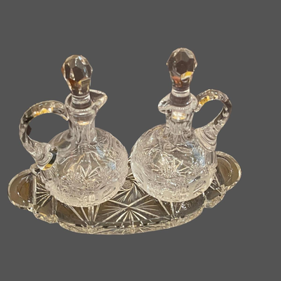 Vintage Lead Crystal Cut Cruet Set with Tray - 7" x 9"