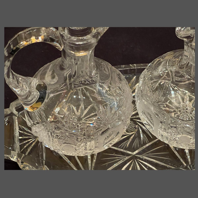 Vintage Lead Crystal Cut Cruet Set with Tray - 7" x 9"