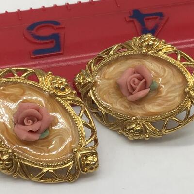 Vintage Enamel and Rose Earrings