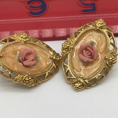 Vintage Enamel and Rose Earrings
