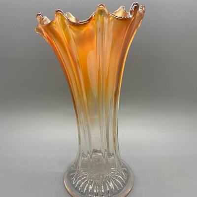 Marigold to Clear Carnival Glass Stretched Swung Vase
