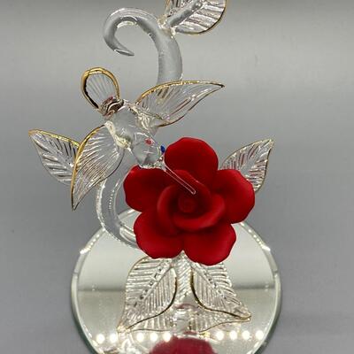 Glass Barn Blown Glass Hummingbird with Red Rose Figurine
