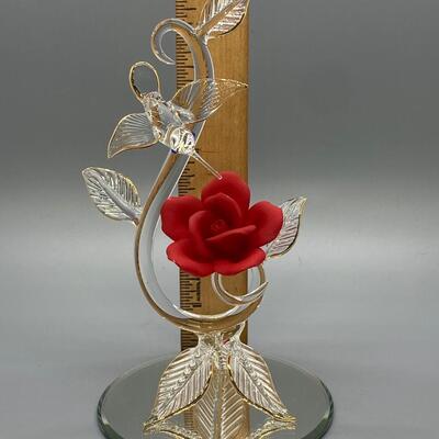 Glass Barn Blown Glass Hummingbird with Red Rose Figurine