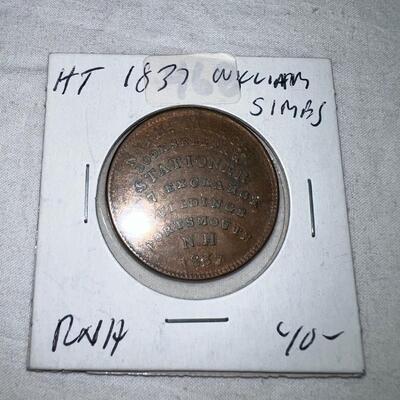 634  1837 HT Williams Simes & Co Portsmouth N.H. Hard Times Coin