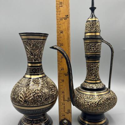 Pair of Persian Indian Style Etched Aftaba AiguiÃ¨re & Vessel Home Decor Accents