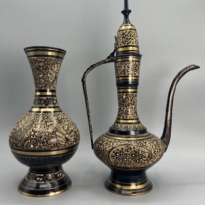 Pair of Persian Indian Style Etched Aftaba AiguiÃ¨re & Vessel Home Decor Accents