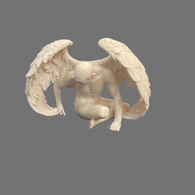 Nude Winged Grieving Male Angel Alabaster Statue - 8" x 5"