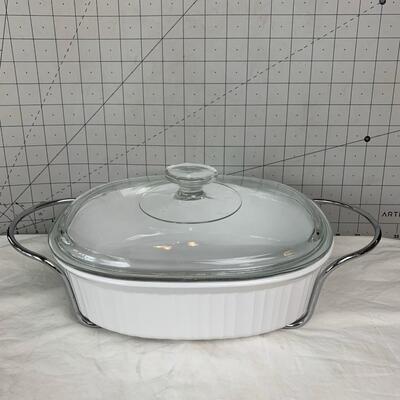 #118 White/Glass Casserole Dish With Lid & Hot Rack 