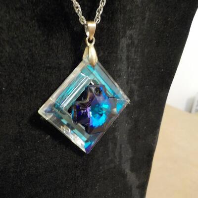 Sterling silver blue crystal necklace .
